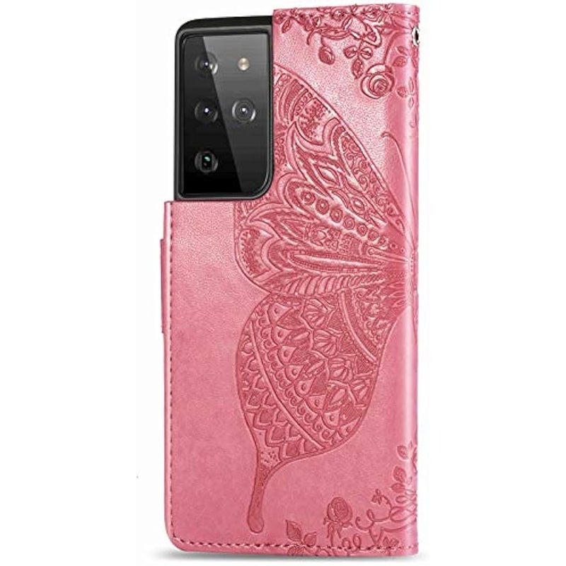 Samsung Galaxy S21 Ultra Wallet Case, 3D erfly Embossing Slim Flip PU Leather Phone Case Magnetic Closure Credit Card Slots Holder Cover for Samsung Galaxy S21 Ultra (Rhinestone Pink) HZD - Image 5